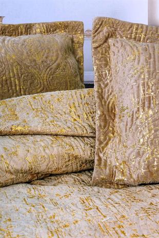 Smart Brillante Kahve Çift Kişilik Kadife Varaklı Yatak Örtüsü Seti