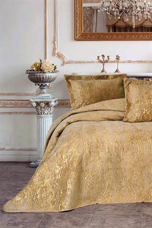 Smart Brillante Kahve Çift Kişilik Kadife Varaklı Yatak Örtüsü Seti