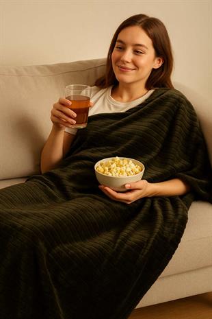 Softline Haki Çizgili Yumuşak ve Hafif Battaniye 150x200 cm (Tek Kişilik)