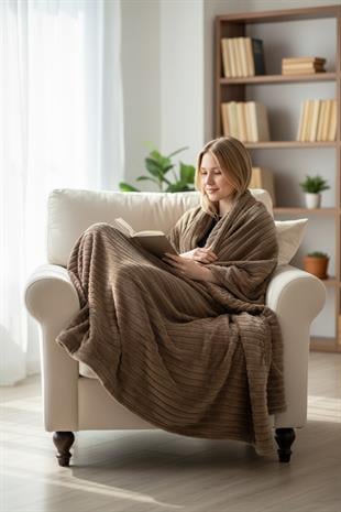 Softline Kahverengi Çizgili Yumuşak ve Hafif Battaniye 200x220 cm (Çift Kişilik)