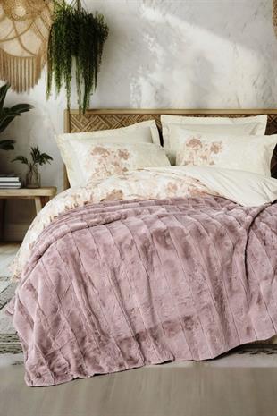 Trim Çift Kişilik Kürk Battaniyeli Nevresim Takımı Suave Pudra