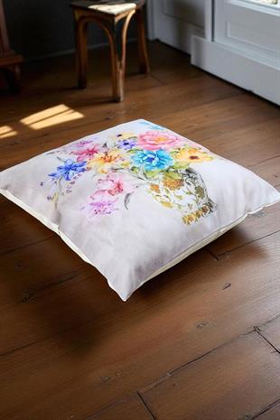 Vintage Vazo Çiçek Desenli Dijital Baskılı Kırlent Kılıfı - 40x40 cm