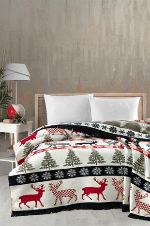 Wintertale Yılbaşı Desenli Kırmızı Kaşındırmayan Pamuklu Çift Kişilik Battaniye - 200x220 cm