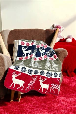 Wintertale Yılbaşı Desenli Kırmızı Kaşındırmayan Pamuklu TV Battaniyesi - 130x170 cm