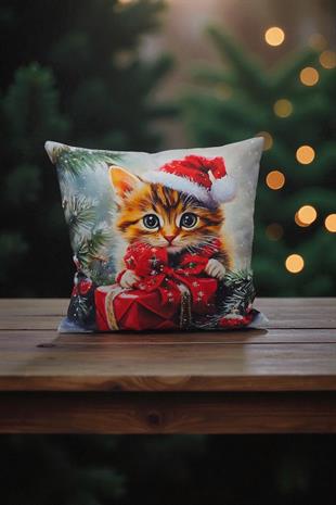 Yılbaşı Temalı Kedi Desenli Dekoratif Kırlent Kılıfı 40x40cm
