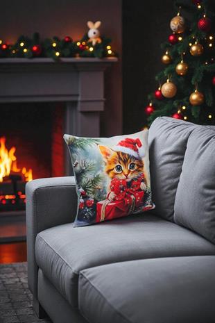 Yılbaşı Temalı Kedi Desenli Dekoratif Kırlent Kılıfı 40x40cm