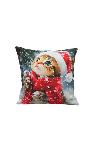 Yılbaşı Temalı Sevimli Kedi Desenli Kırlent Kılıfı 40x40cm