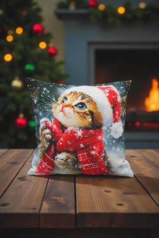Yılbaşı Temalı Sevimli Kedi Desenli Kırlent Kılıfı 40x40cm