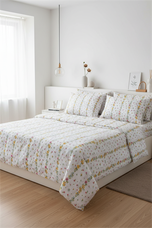 Zarif Çiçek Desenli Çift Kişilik %100 Pamuk Nevresim Takımı 200x220