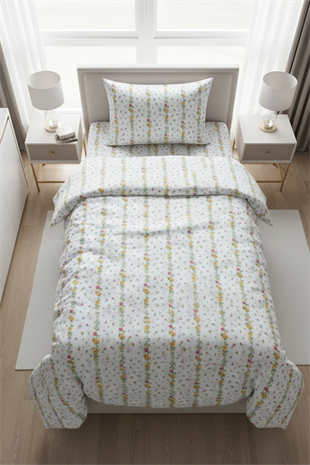 Zarif Çiçek Desenli Tek Kişilik %100 Pamuk Nevresim Takımı 160x220