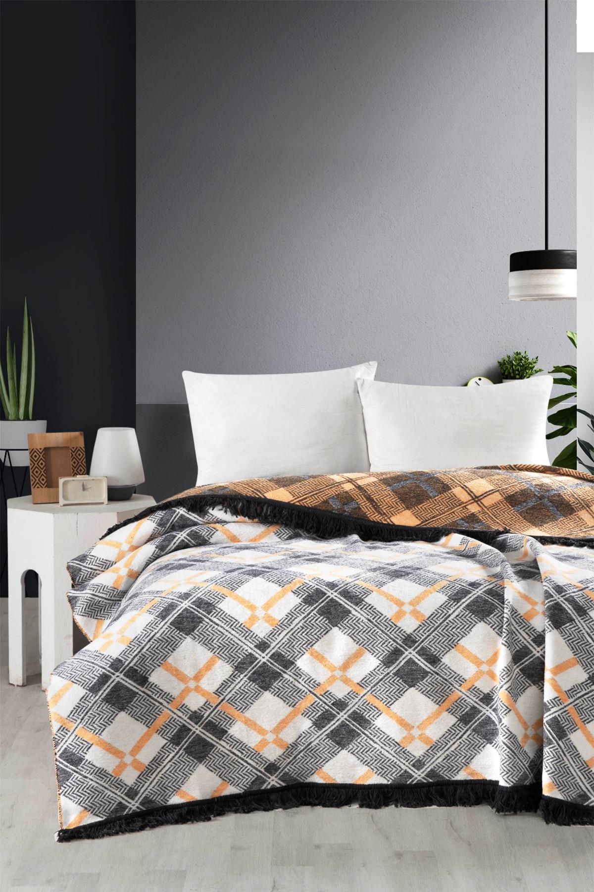 4 Mevsim Pamuklu Battaniye - Yumuşak ve Hafif Konfor Gri Sarı 200cm X 220cm