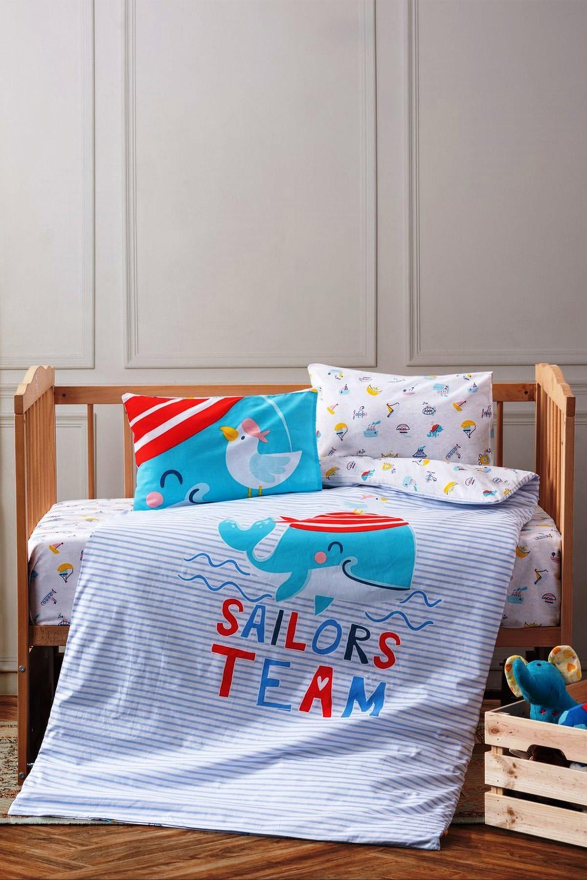 Bebek Nevresim Takımı Sailor Mavi - %100 Pamuk, Ranforce Kumaş, 100x150 cm, 2 Adet Yastık Kılıfı