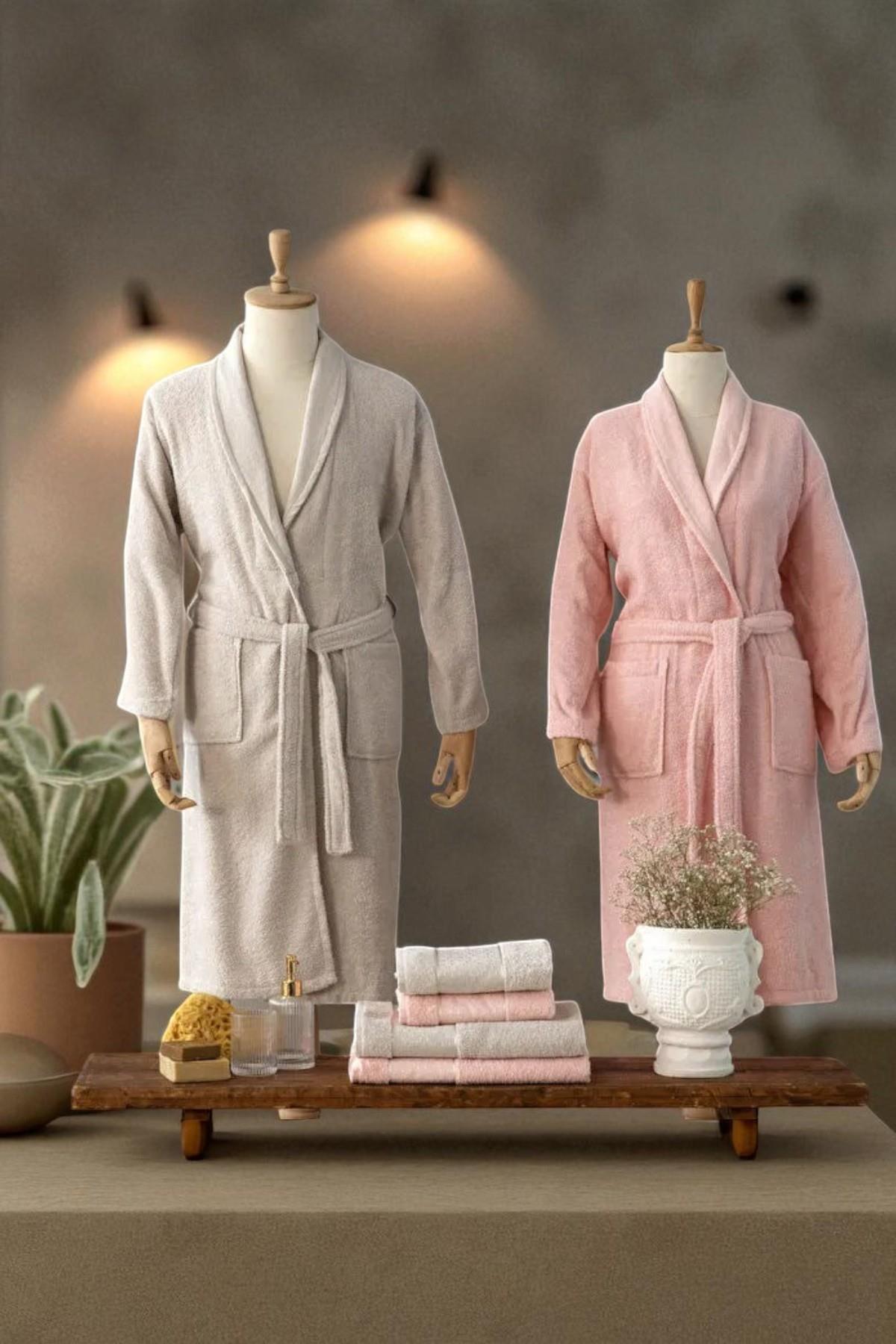 Casita Flos %100 Pamuk 6 Parça Aile Bornoz Seti Taş Pudra