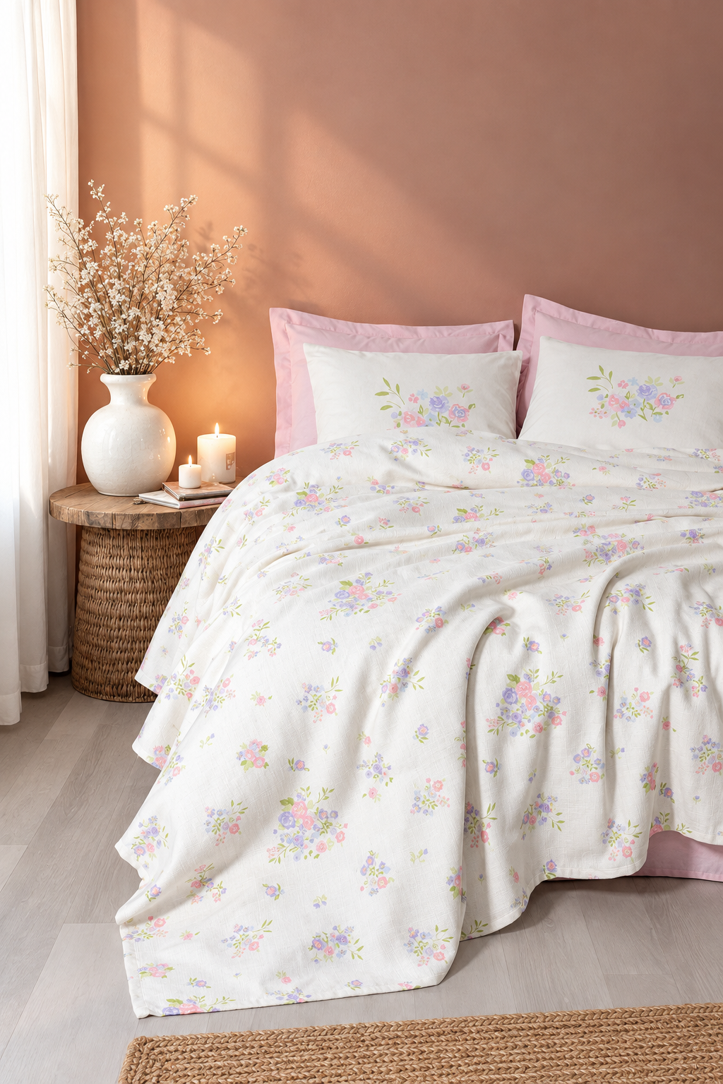 Estiva Tek Kişilik %100 Pamuk Pike Takımı Petal Pembe 160x230 cm