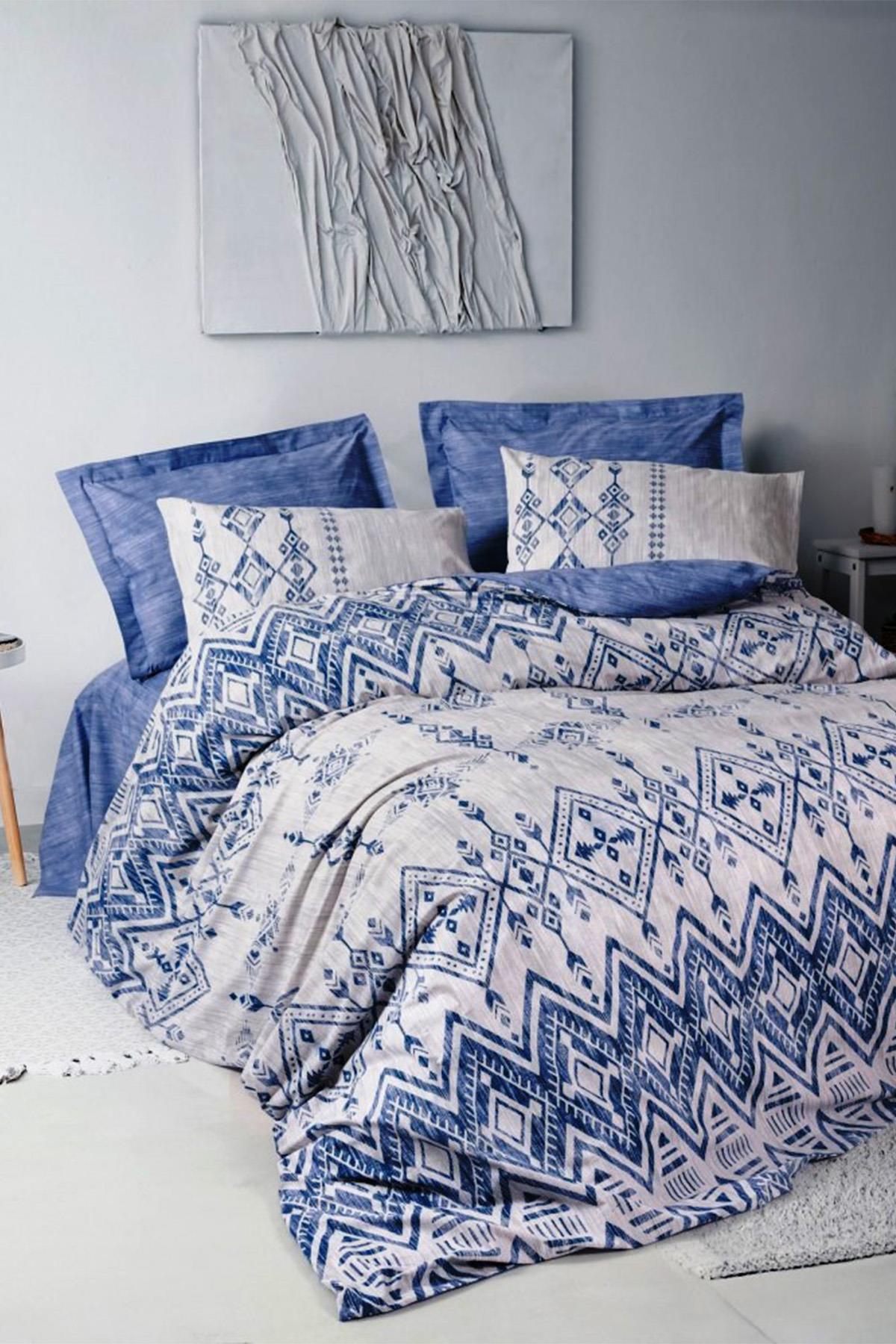 Ethnic Çift Kişilik Nevresim Takımı Cleo Mavi, %100 Pamuk Ranforce 57 Tel Kumaş.