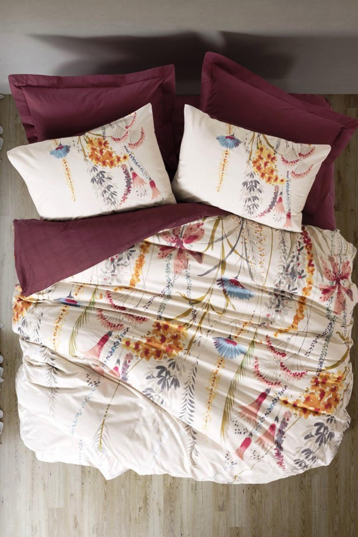 Flos Bordo Çift Kişilik %100 Pamuk Ranforce Nevresim Takımı - 200x220 cm