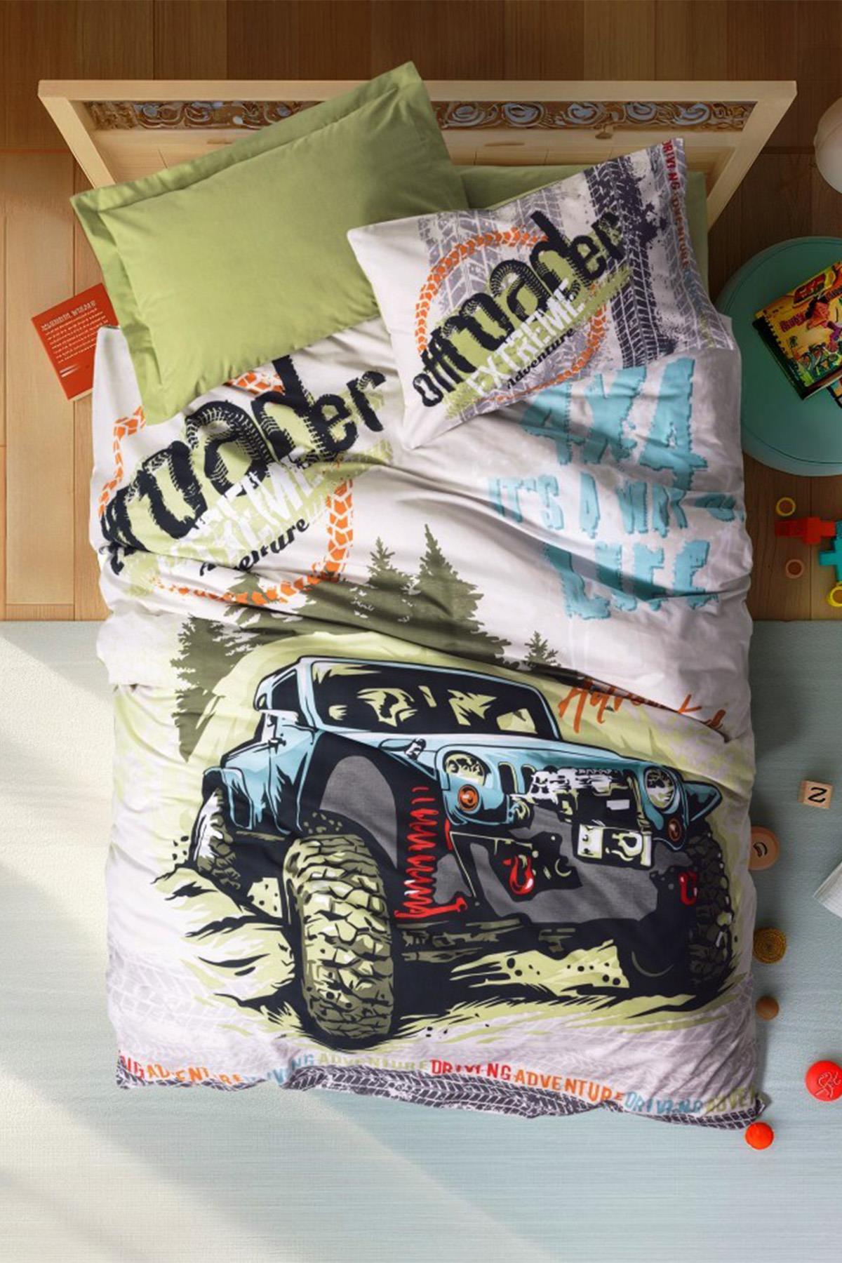 Junior Tek Kişilik Lastikli Çarşaflı Nevresim Takımı Adventure Yeşil (Ranforce 57 Tel %100 Pamuk)