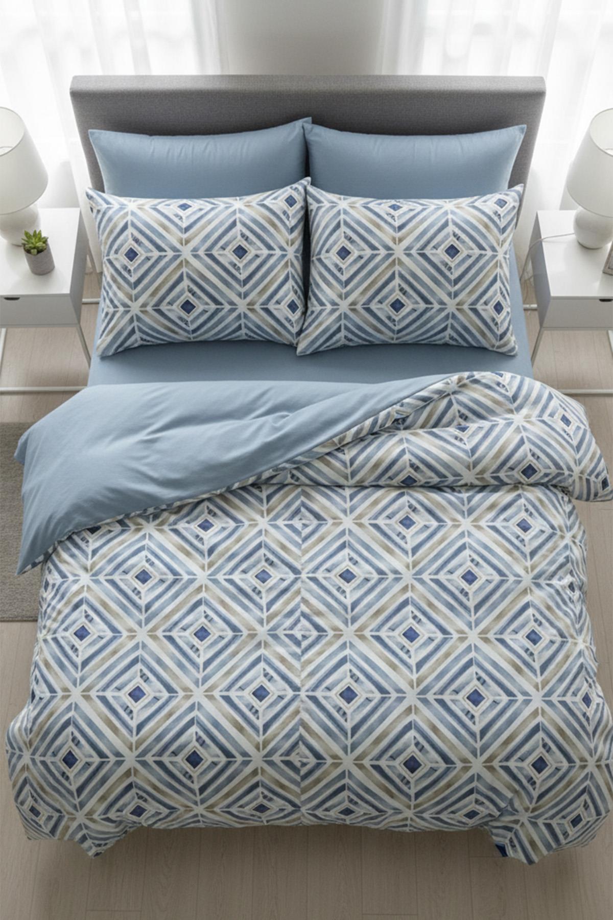 Mavi Geometrik Çizgi Çift Kişilik %100 Pamuk Nevresim Takımı