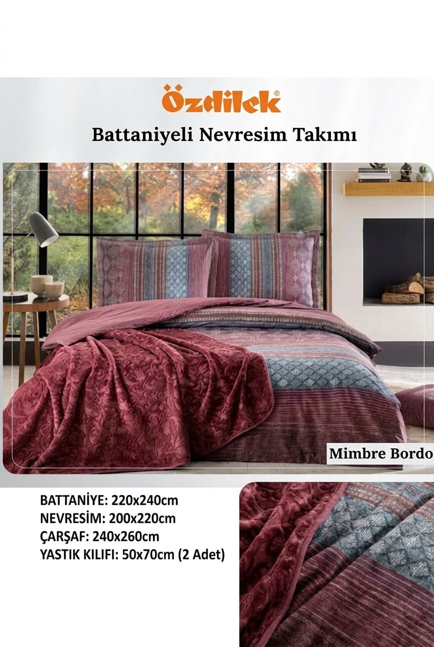 Özdilek Mimbre Bordo Battaniyeli Çift Kişilik Nevresim Takımı