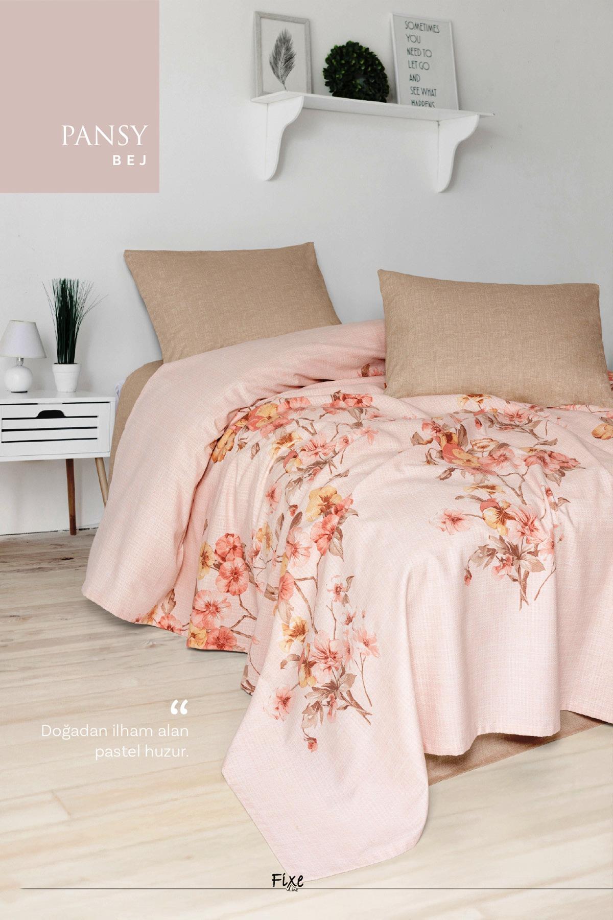 Pansy Bej Tek Kişilik Pike Takımı – %100 Pamuk, Lastikli Çarşaflı