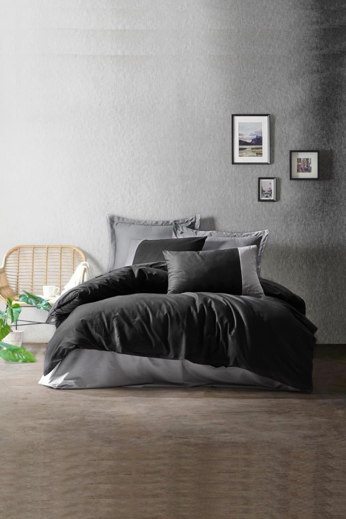 Plain Siyah Gri Çift Kişilik Nevresim Takımı - %100 Pamuk Ranforce 30/1 57 Tel