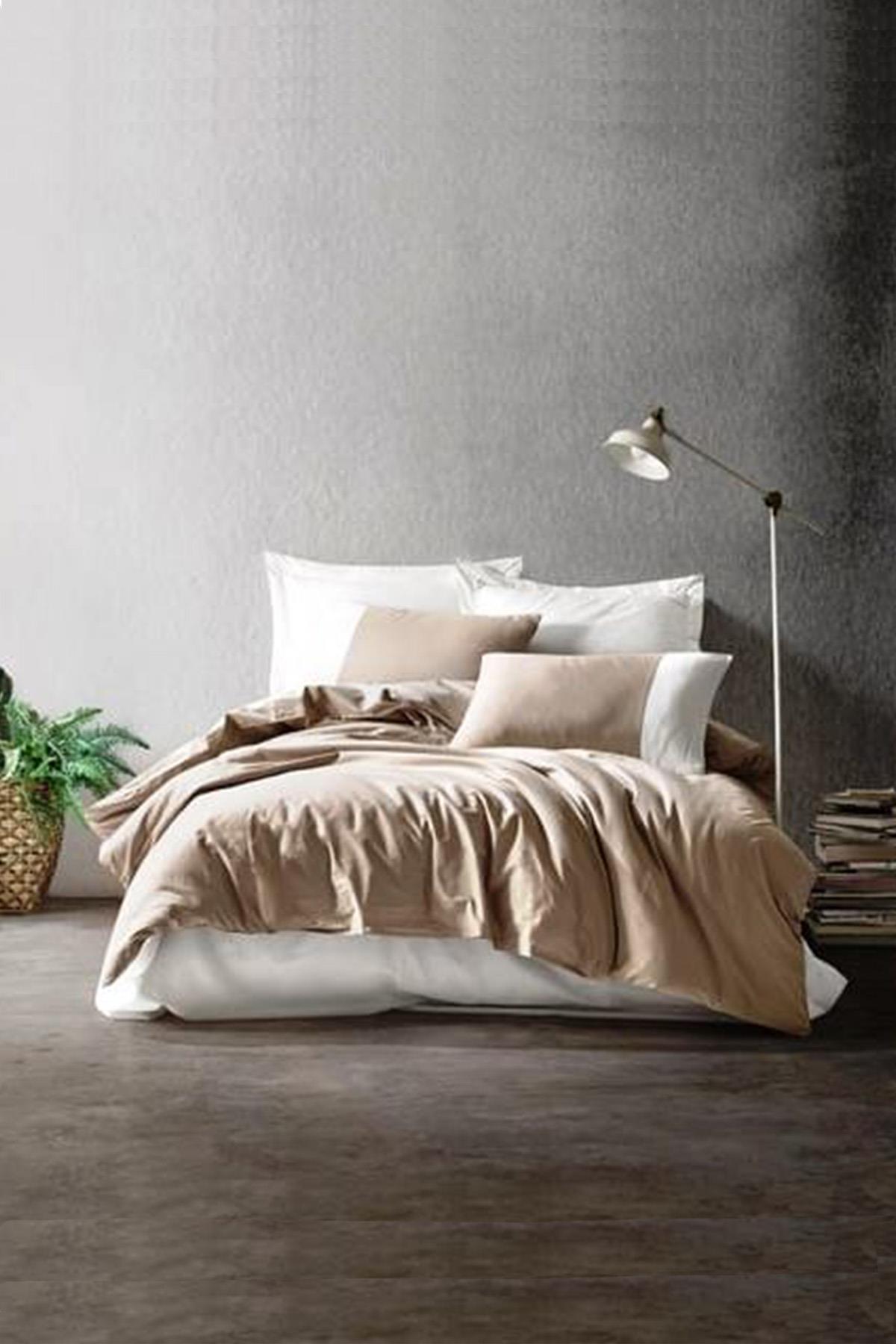 Plain Vizon-Krem Çift Kişilik Nevresim Takımı - %100 Pamuk Ranforce 30/1 57 Tel