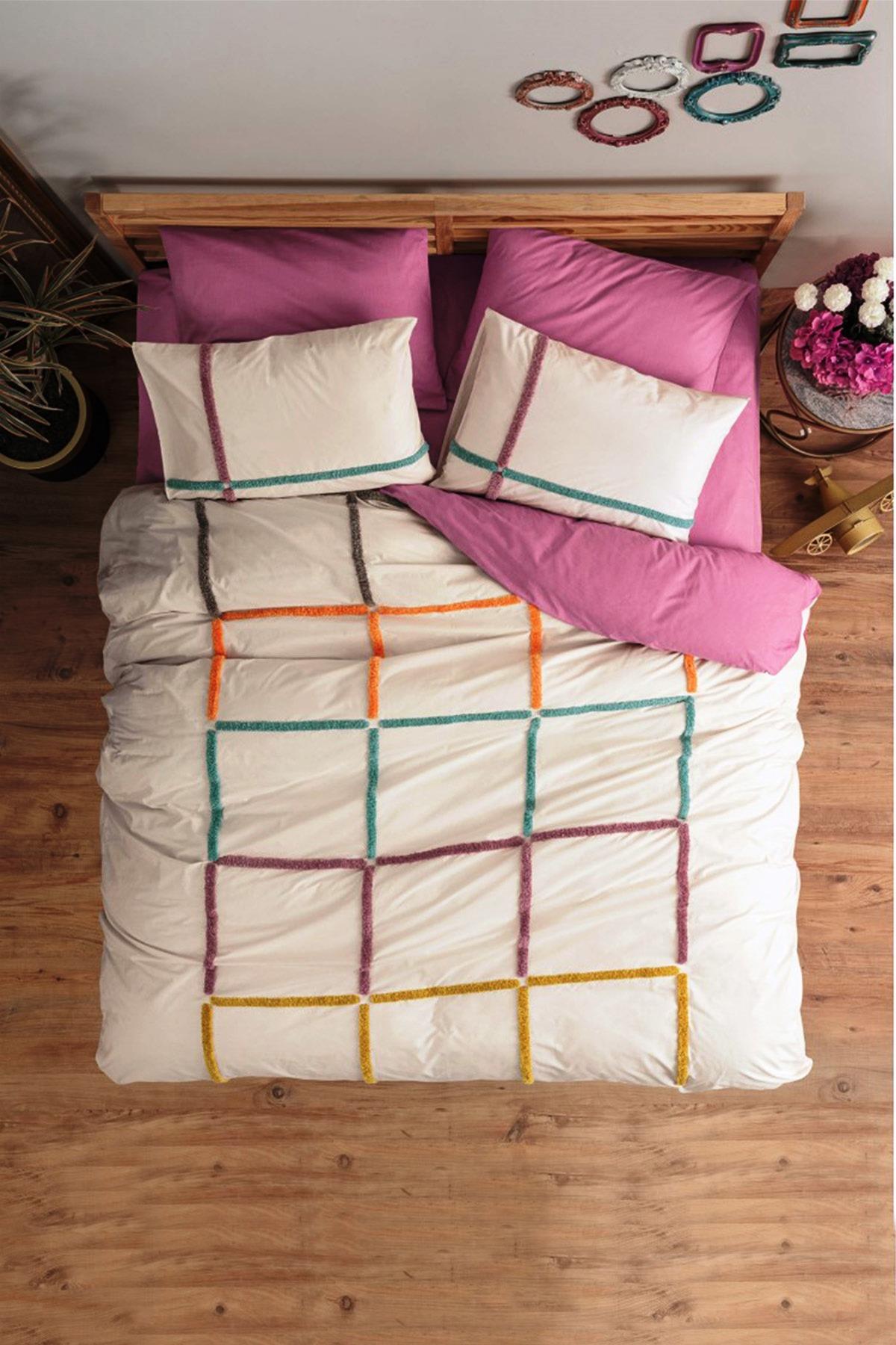 Puff Nakışlı Çift Kişilik Nevresim Takımı Insula Gül Kurusu