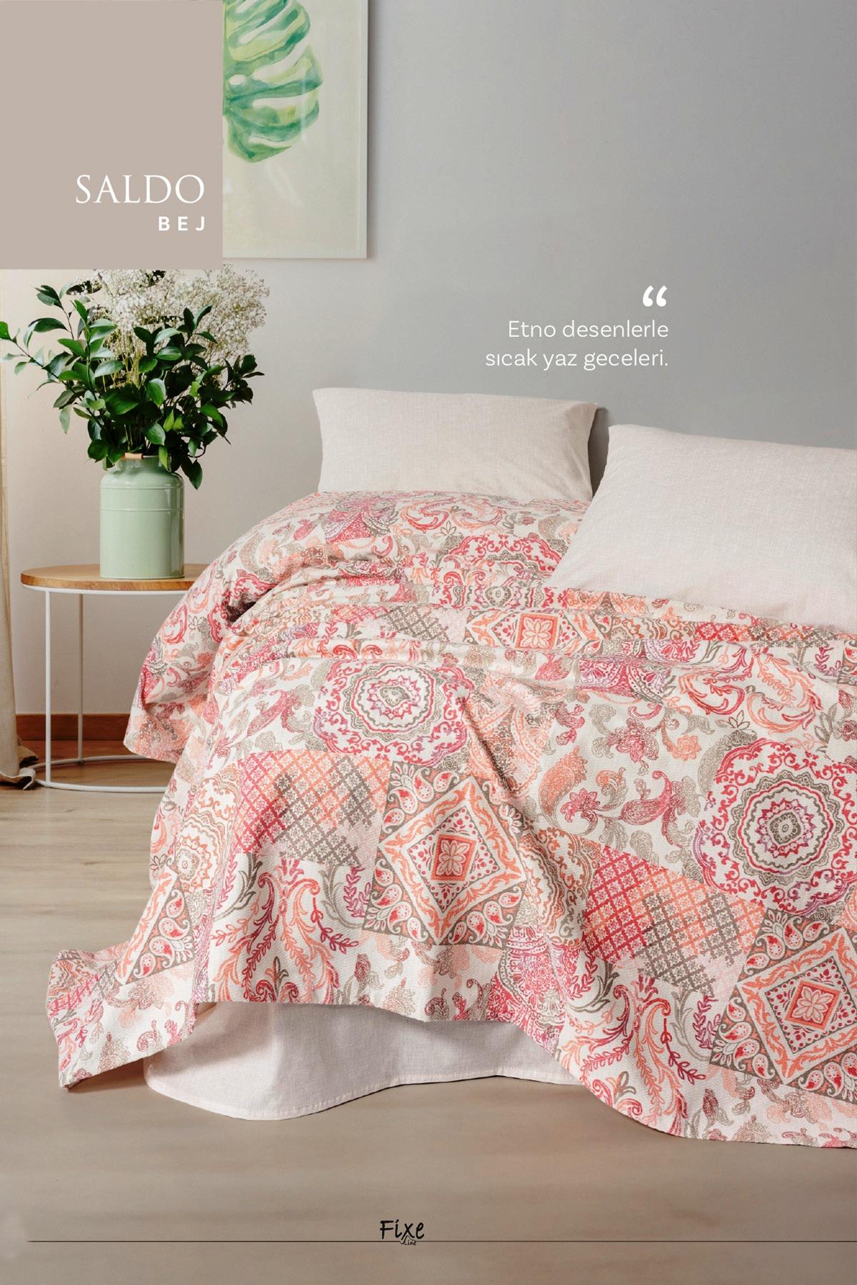 Saldo Bej Tek Kişilik Pike Takımı – %100 Pamuk, Lastikli Çarşaflı