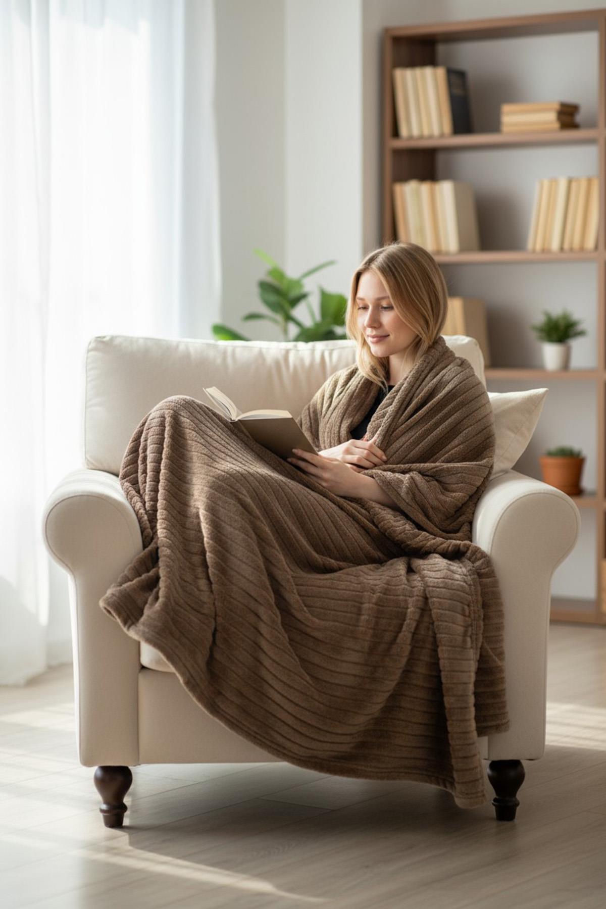 Softline Kahverengi Çizgili Yumuşak ve Hafif Battaniye 200x220 cm (Çift Kişilik)