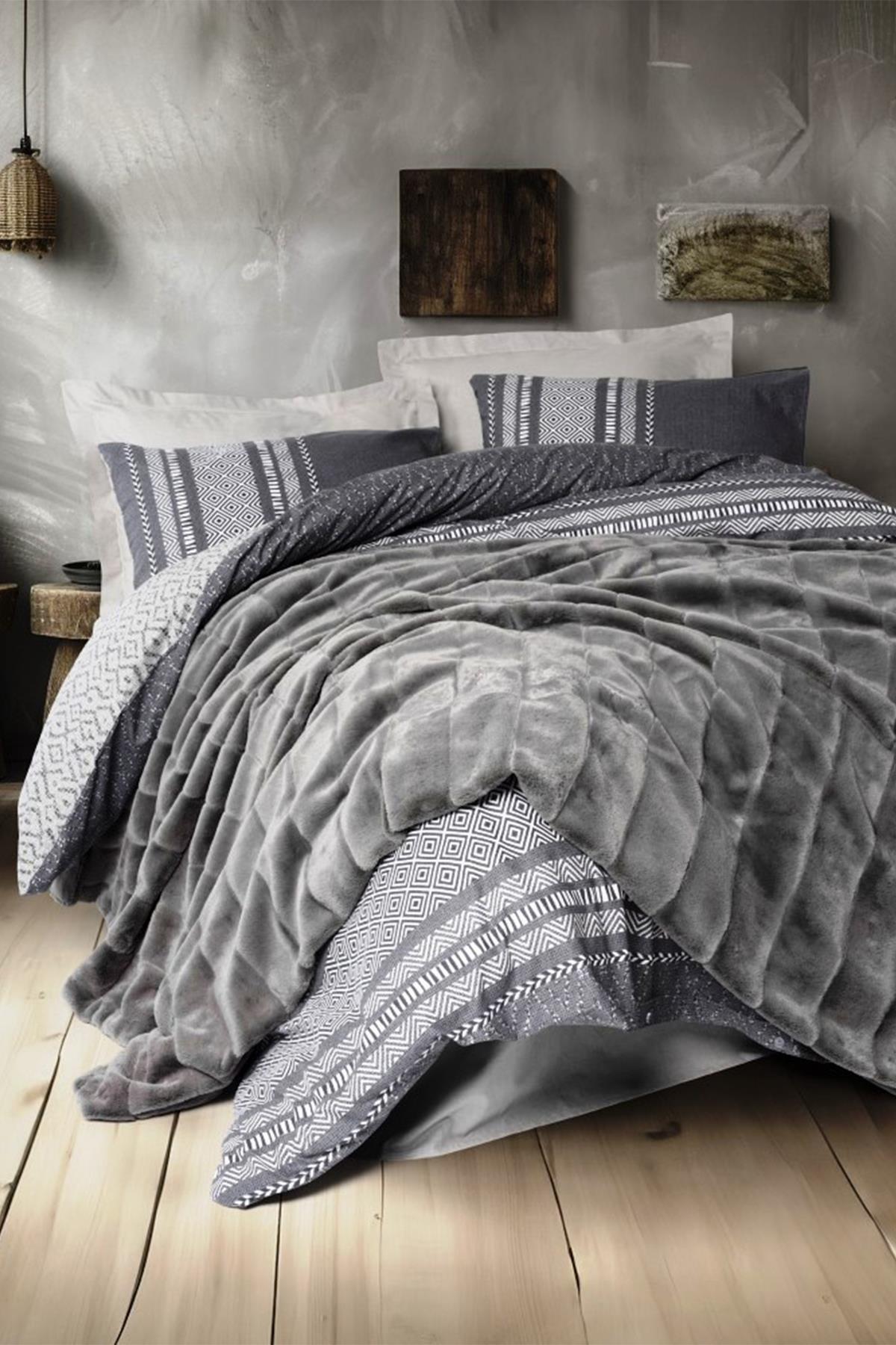 Trim Çift Kişilik Kürk Battaniyeli Nevresim Takımı Suave Antrasit