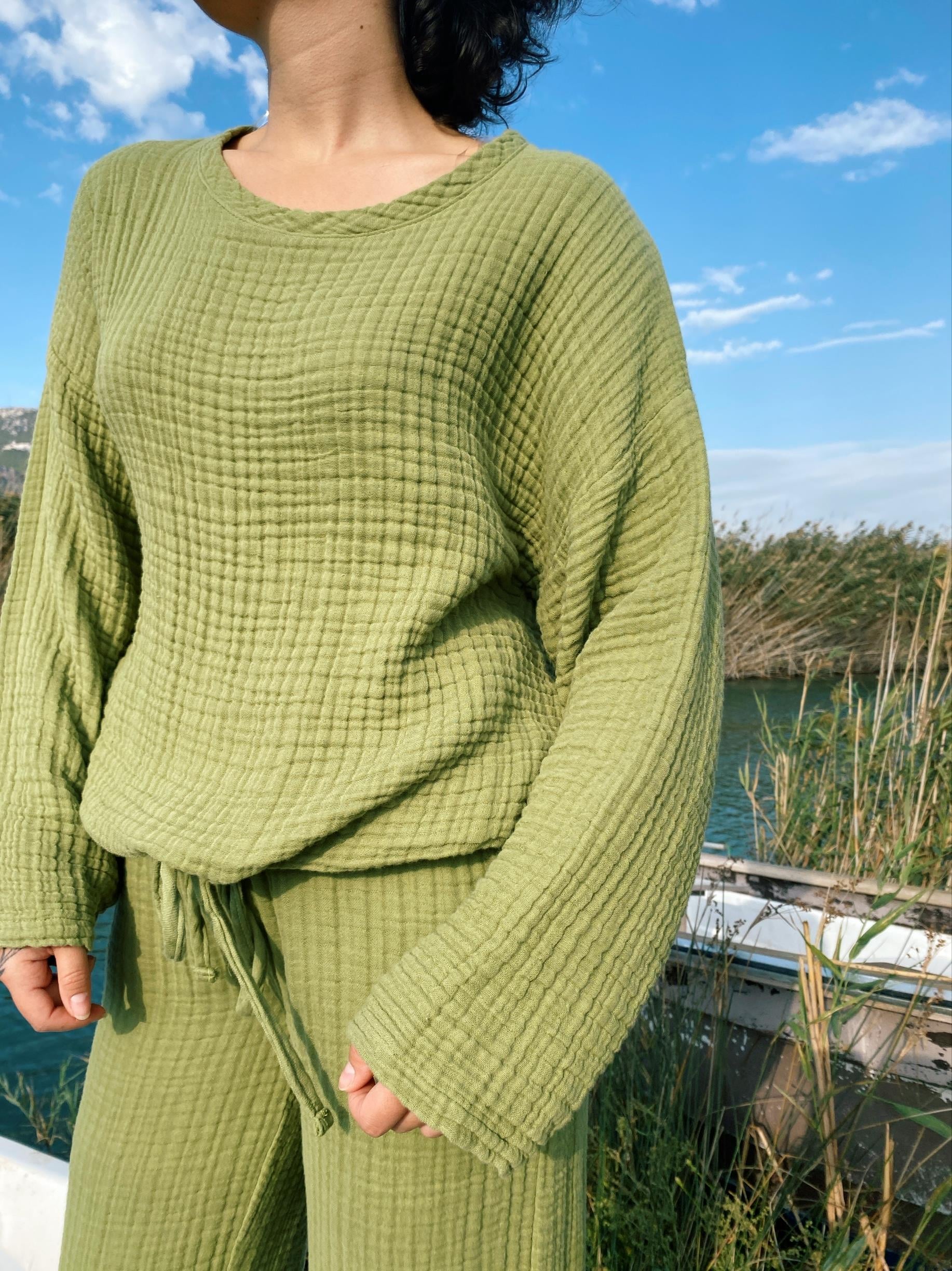 Bisiklet Yaka İp Detaylı Sweatshirt SAGE GREEN