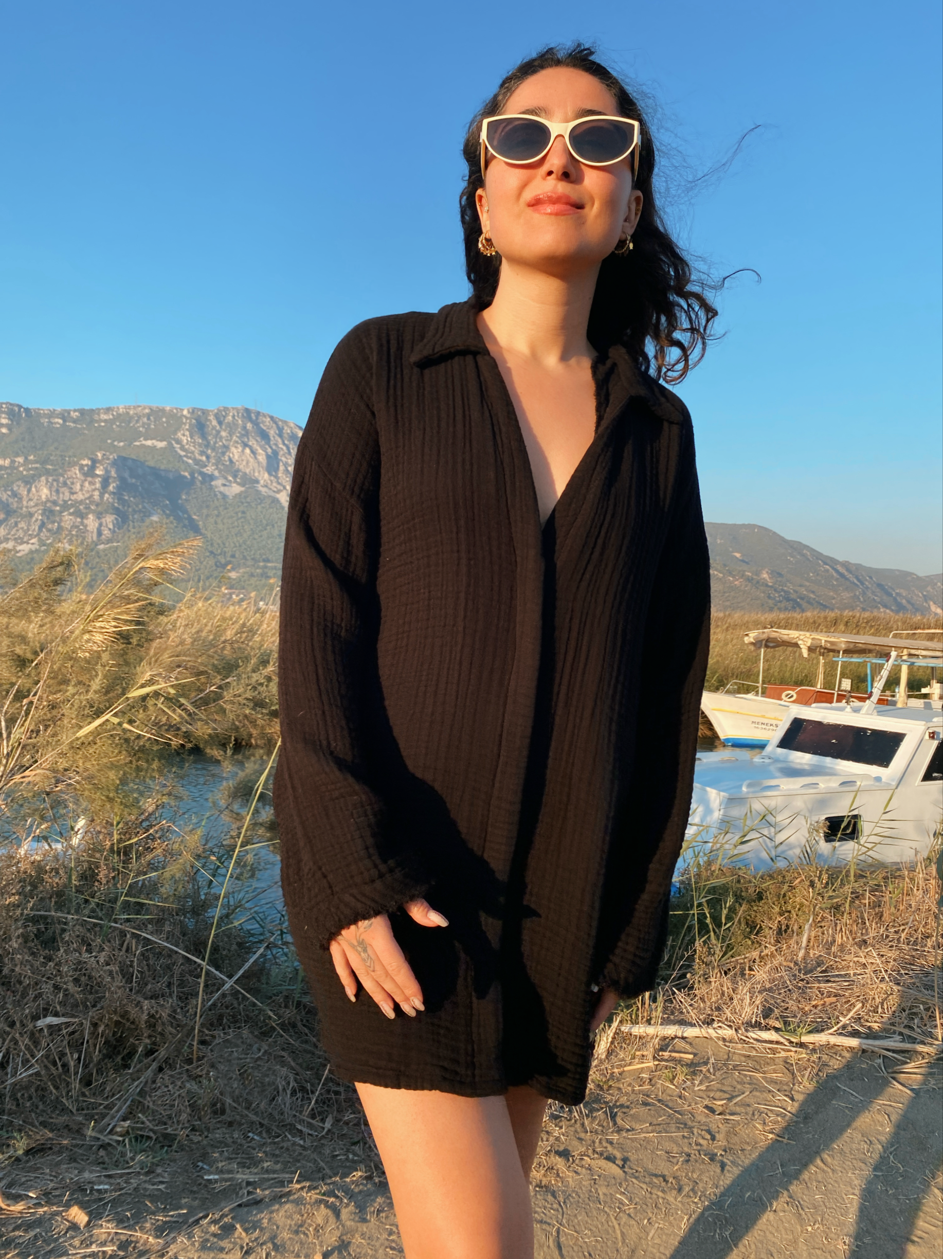 Derin V Yaka Mini Gömlek Elbise/Bluz BLACK 