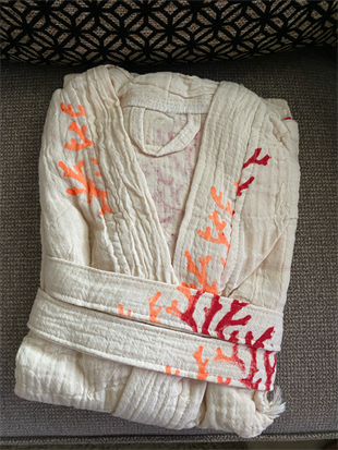 Tahta Baskı Ağaç Desenli Bornoz/Kimono TURUNCU KIRMIZI