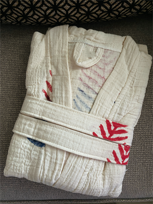 Tahta Baskı Yaprak Desenli Bornoz/Kimono LACİ KIRMIZI