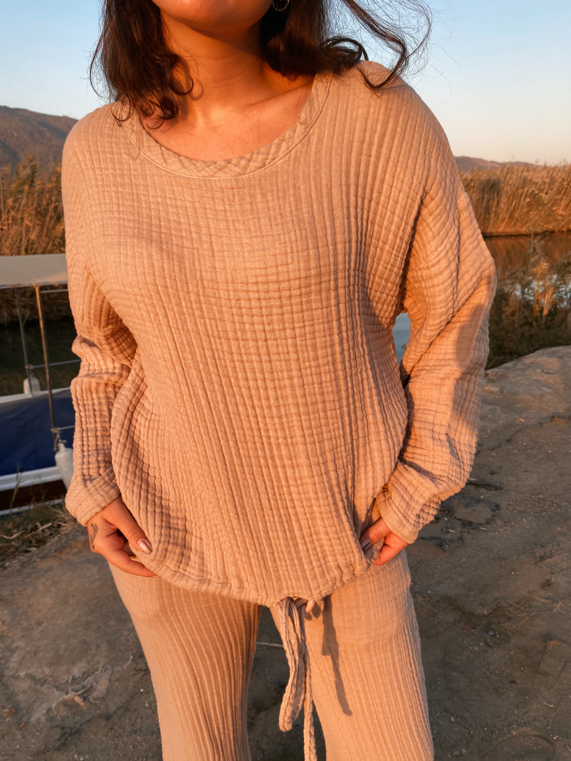 Bisiklet Yaka İp Detaylı Sweatshirt STONE