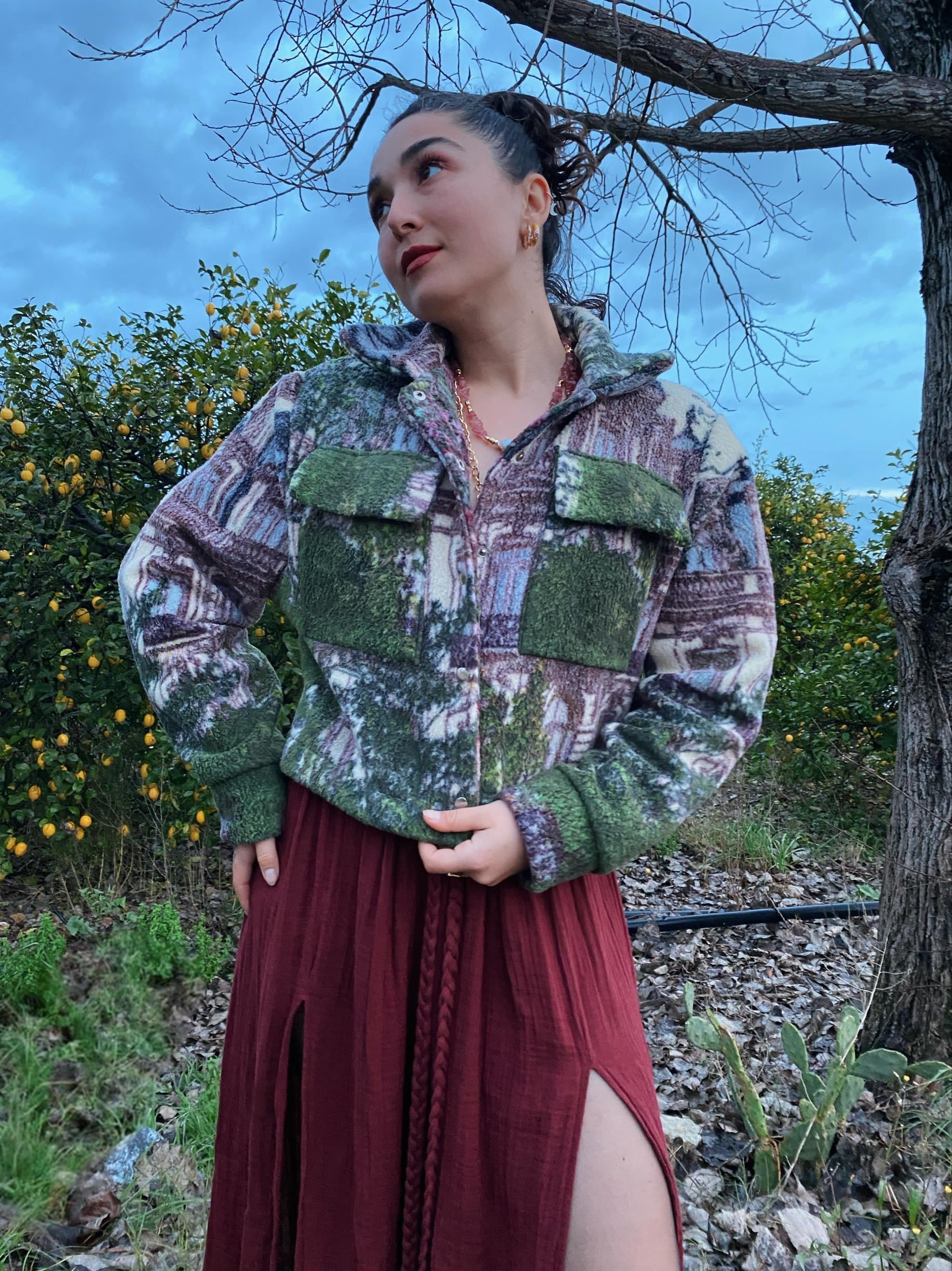 Desenli Karışık Renkli Polar Crop Ceket