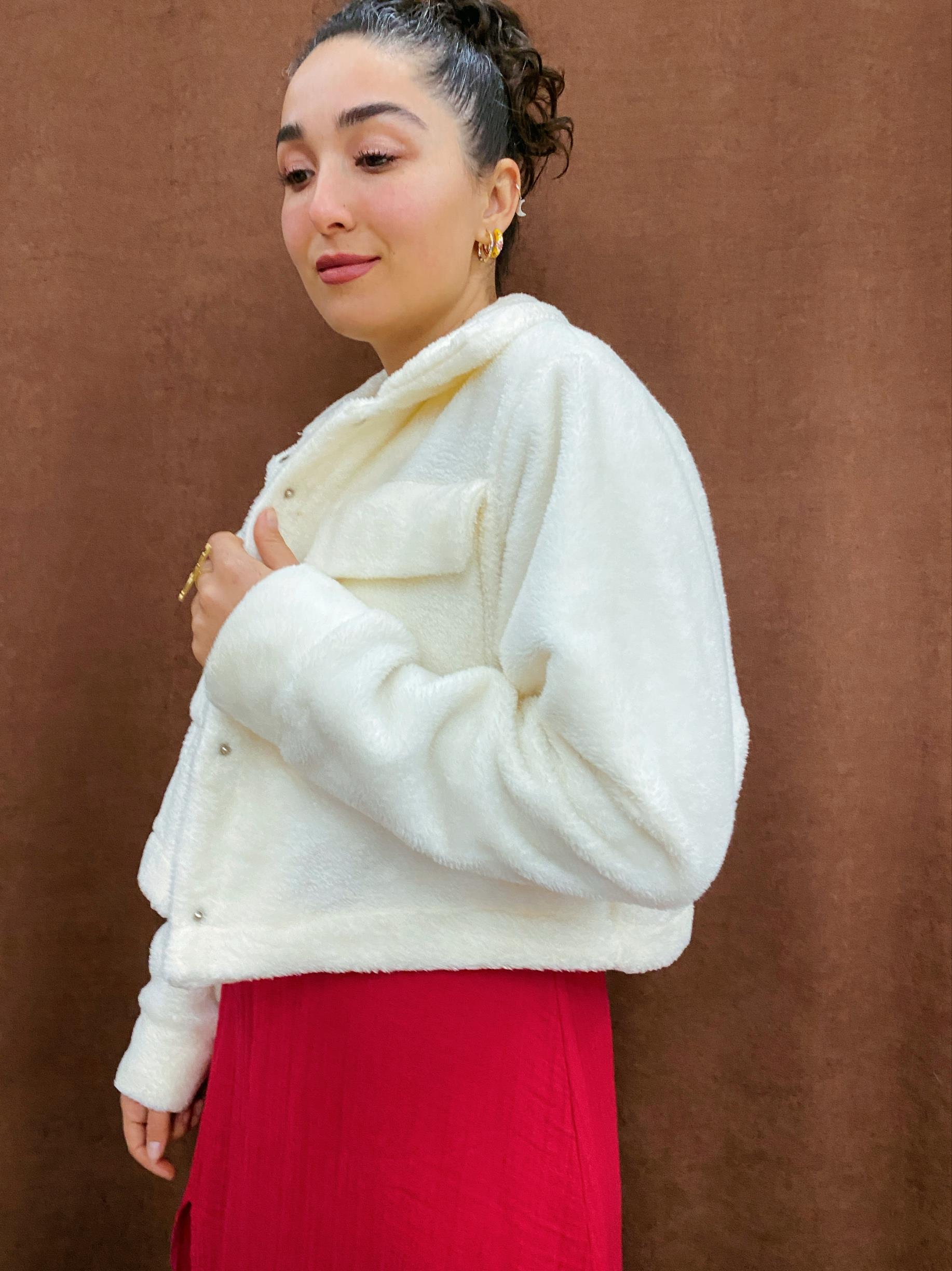 Ekru Polar Crop Ceket