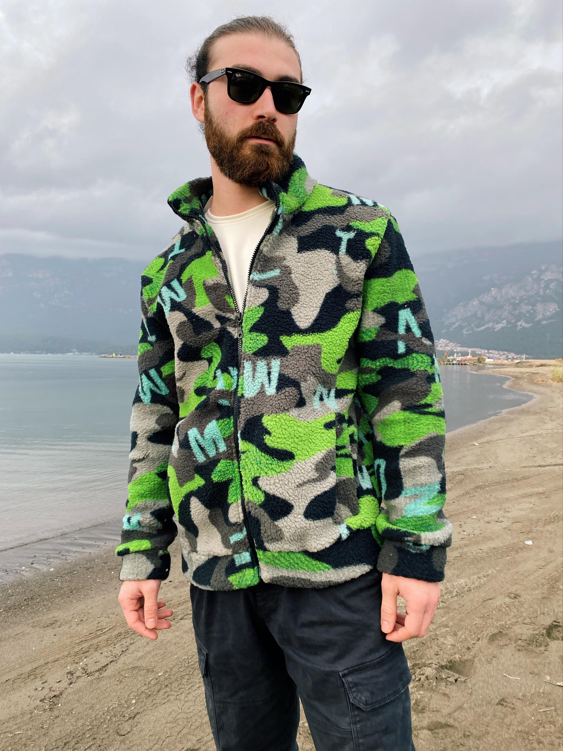 Harf Desenli Unisex Polar Ceket