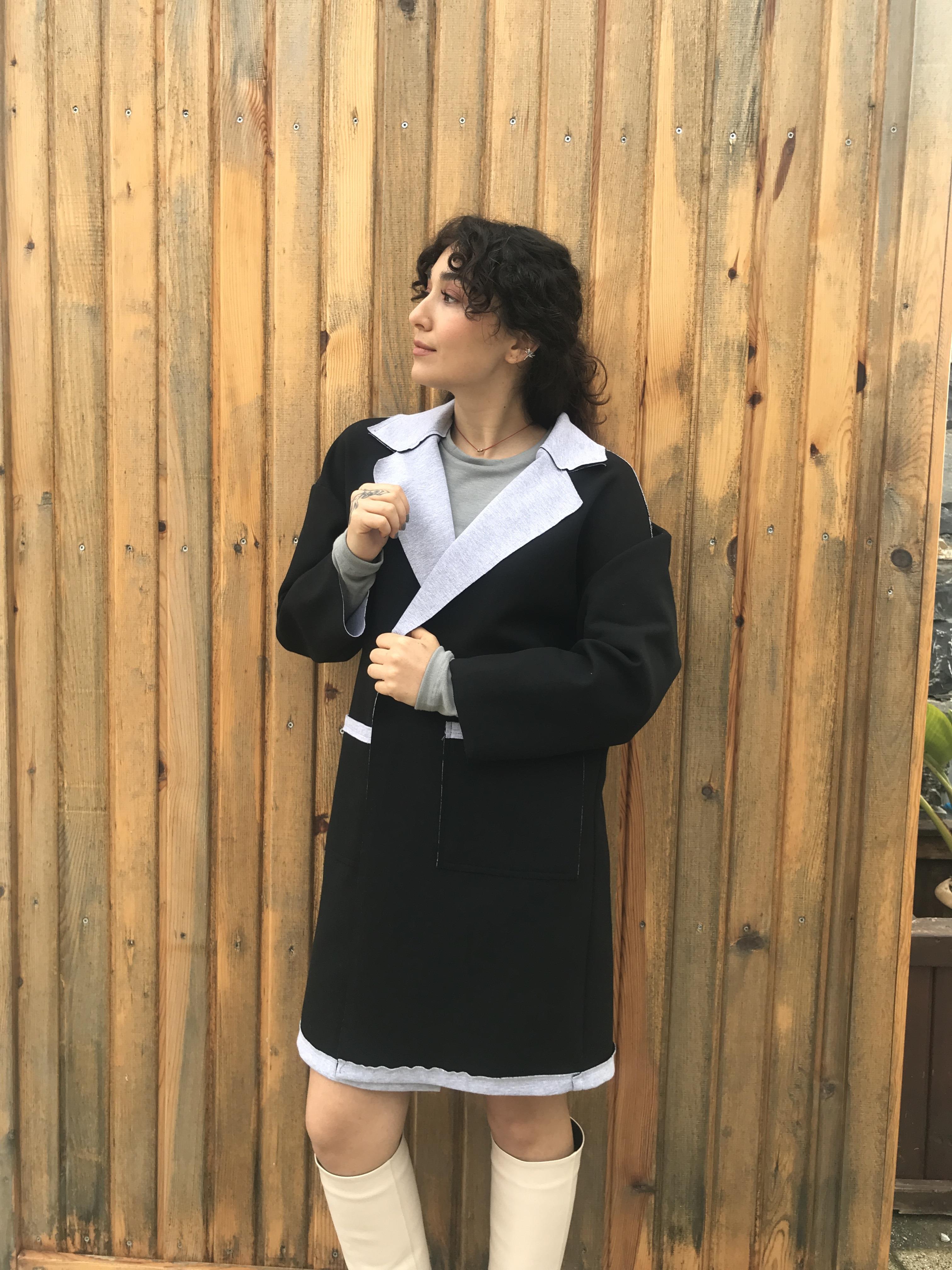 İki Renkli Cepli Çift Katlı Penye Ceket SİYAH