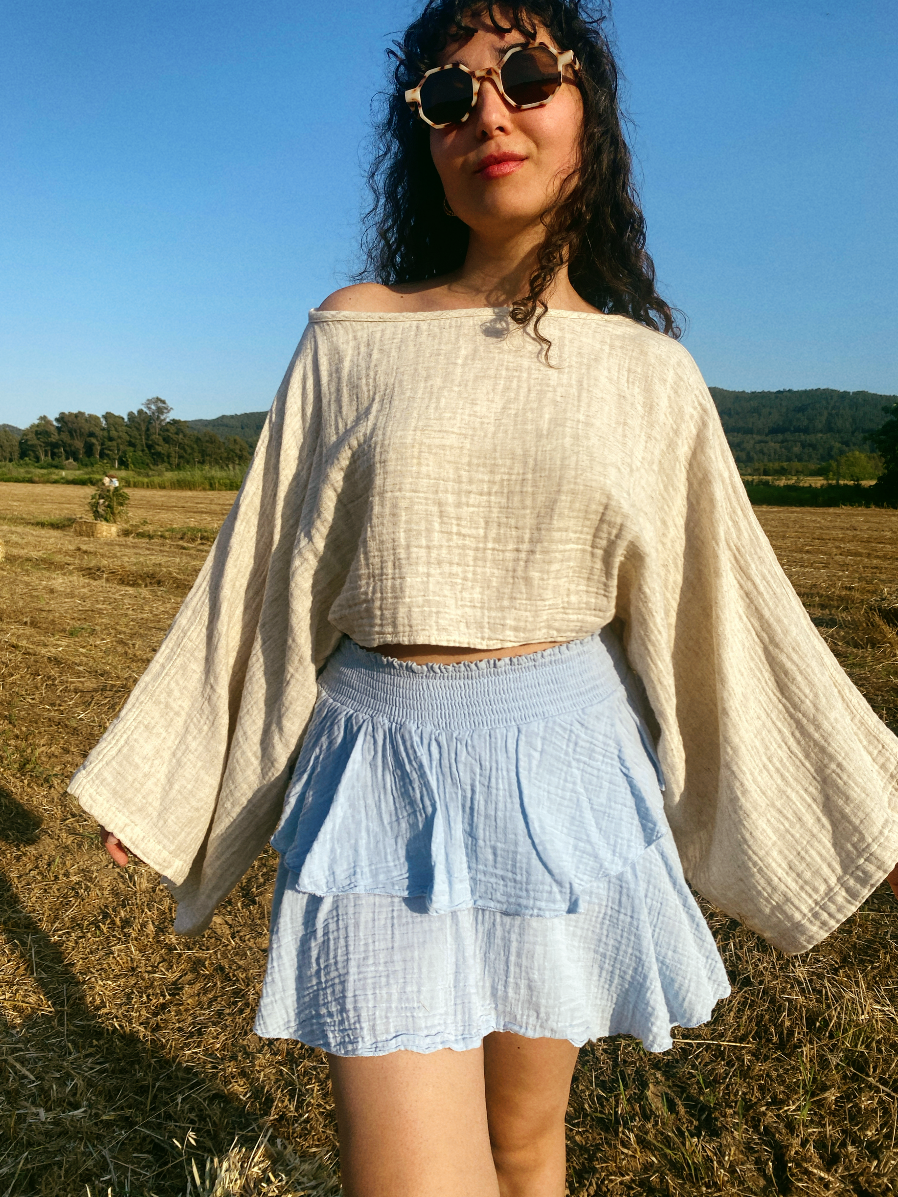 Kenevir Kumaş Uzun Kollu Crop Bluz NATURAL