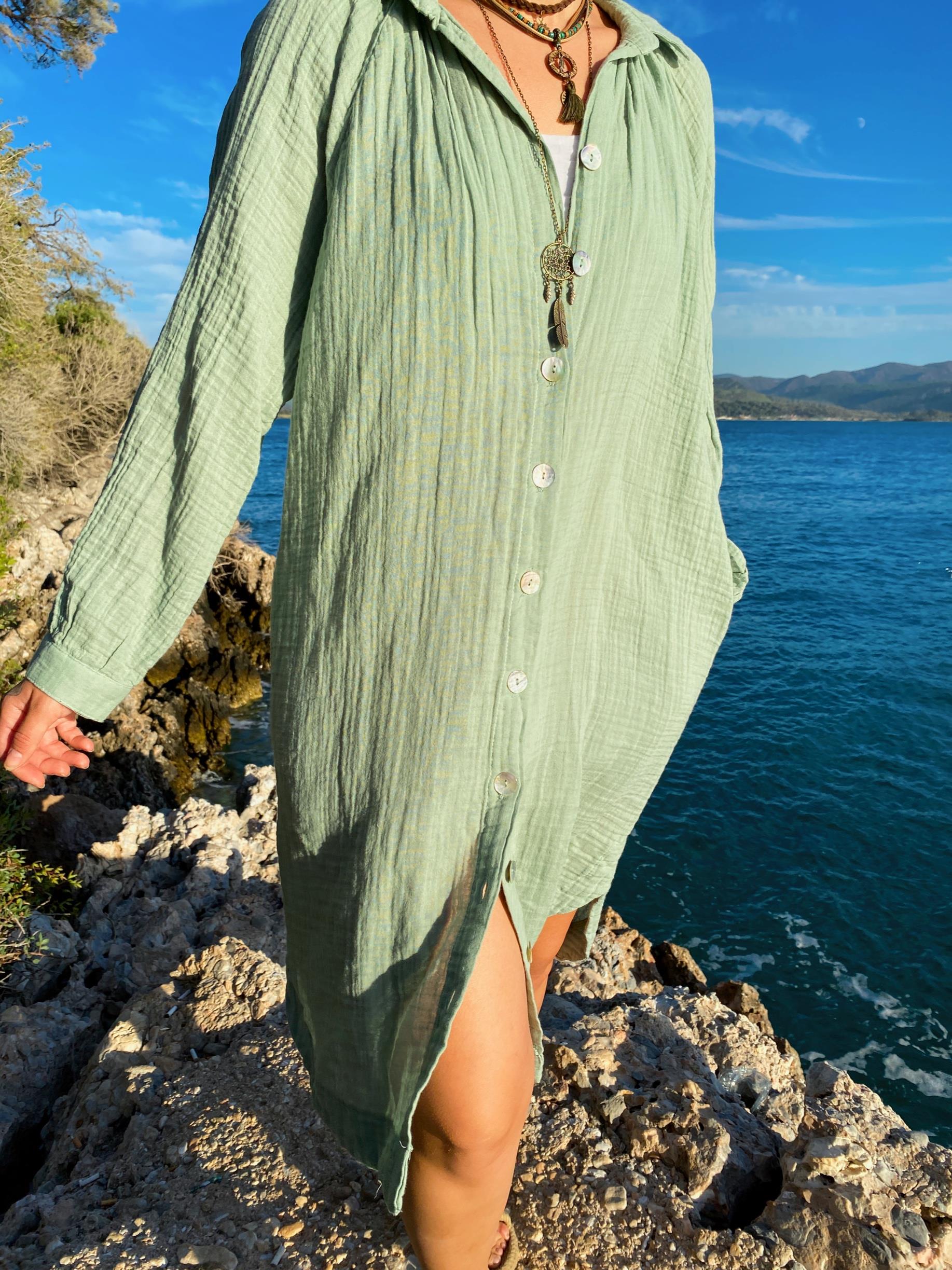 Kırlangıç Gömlek Elbise-MİNT GREEN