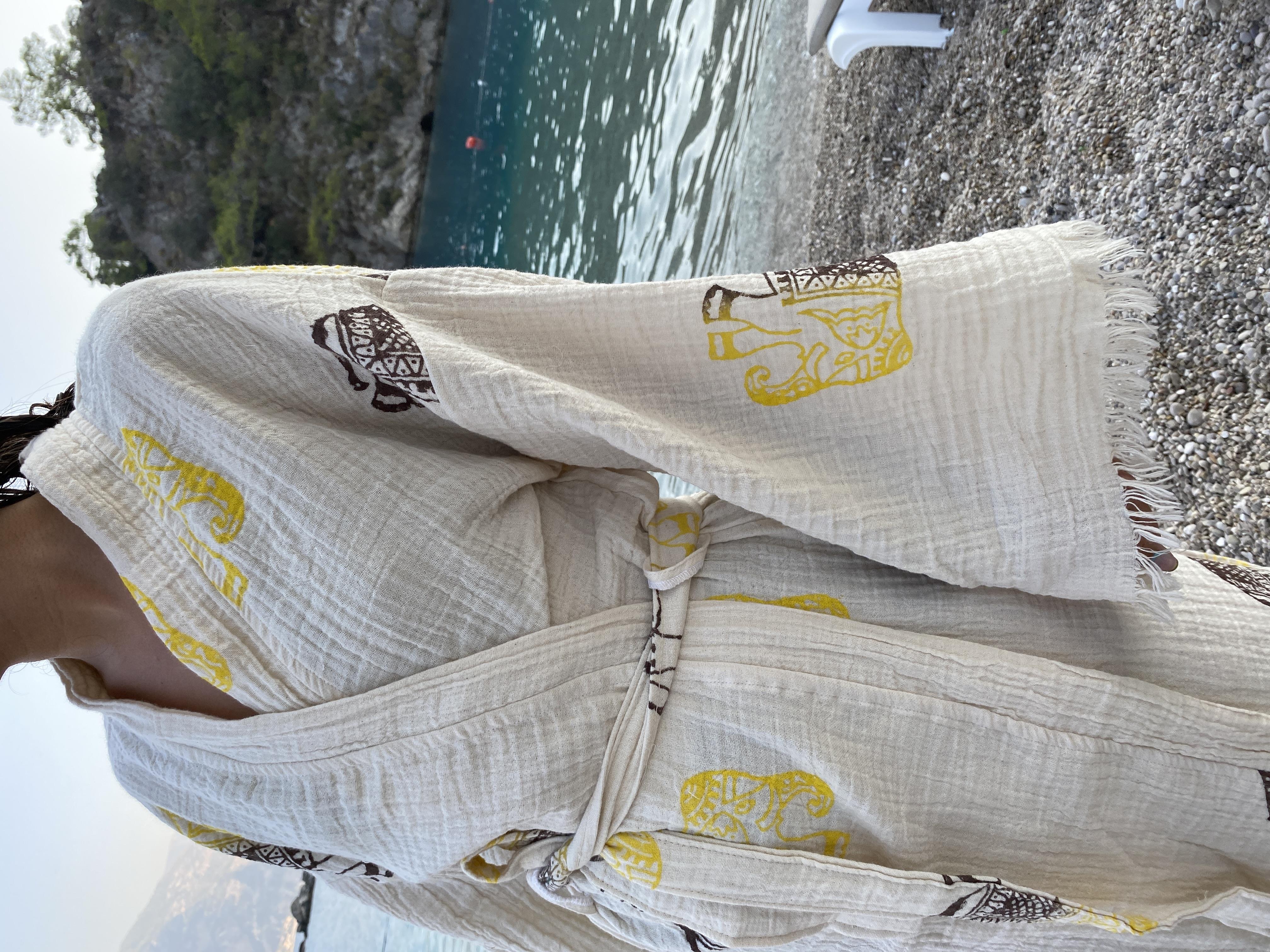 Tahta Baskı Fil Desenli Bornoz/Kimono KAHVE SARI