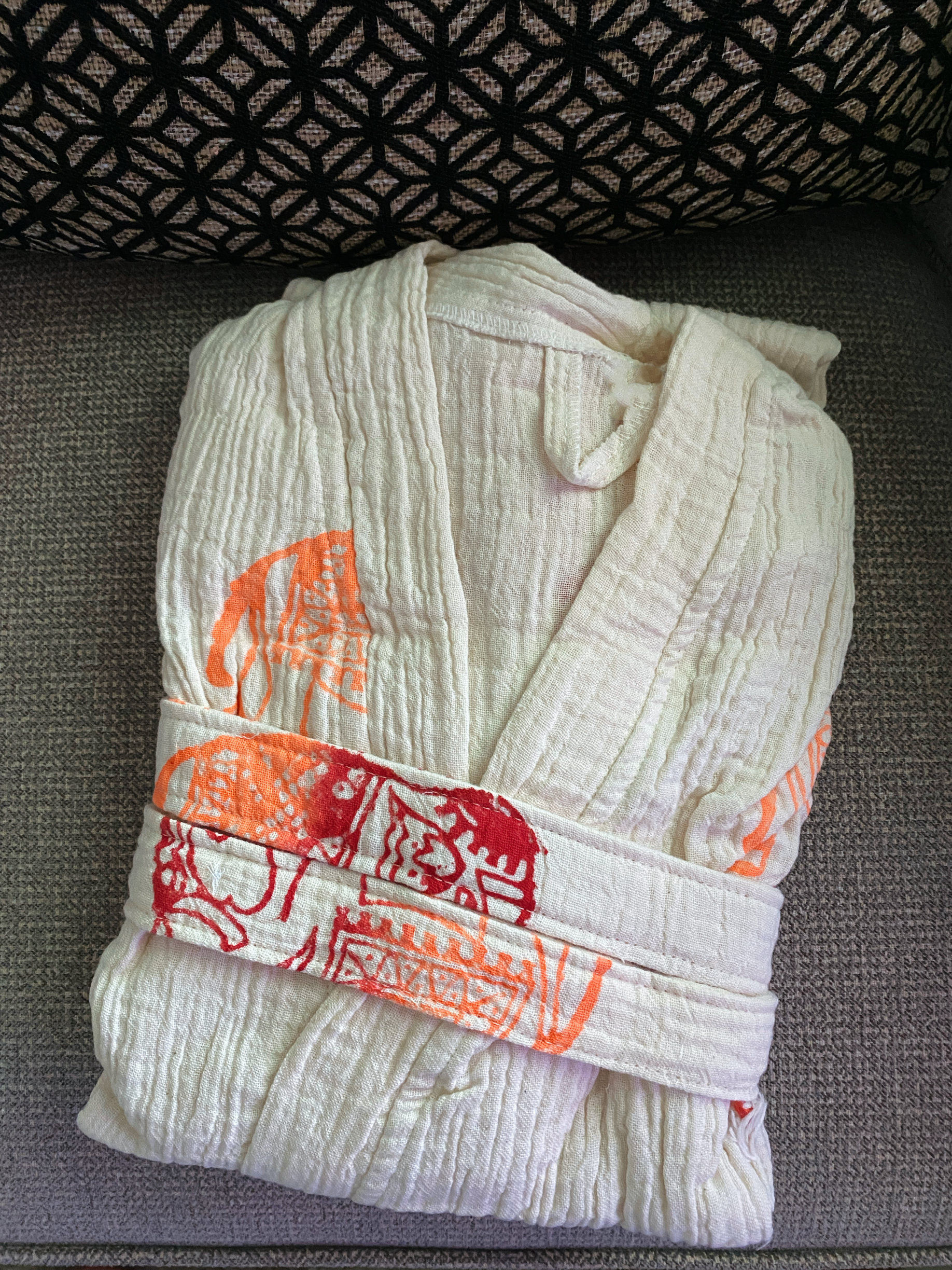 Tahta Baskı Fil Desenli Bornoz/Kimono TURUNCU KIRMIZI