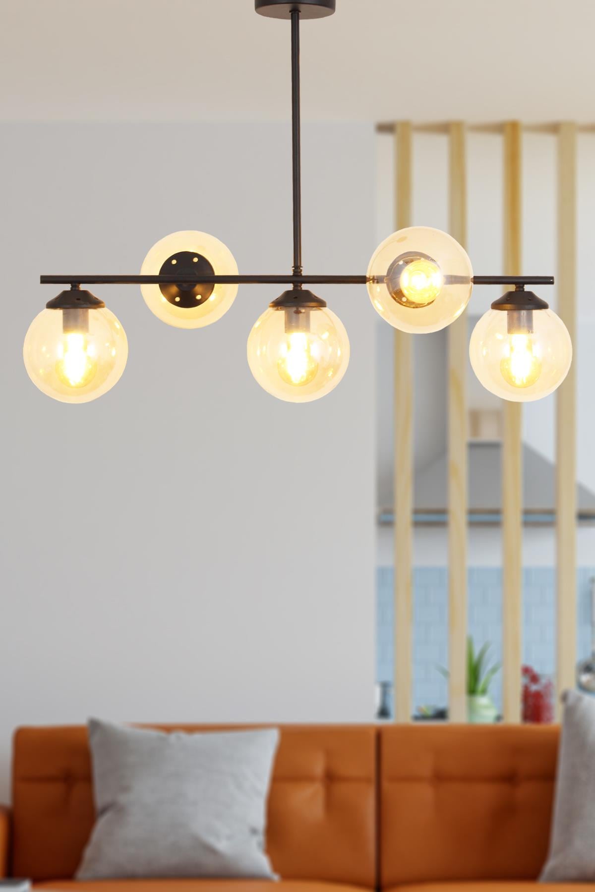 Modena 5 Li Siyah Avize-Beyaz Camlı Dekoratif Tasarım Yatak Odası Mutfak Salon Avize