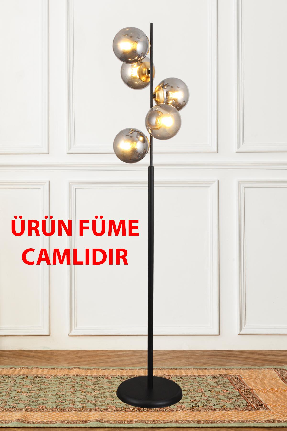 Nida 5 Li Siyah Gold Füme Camlı Lambader