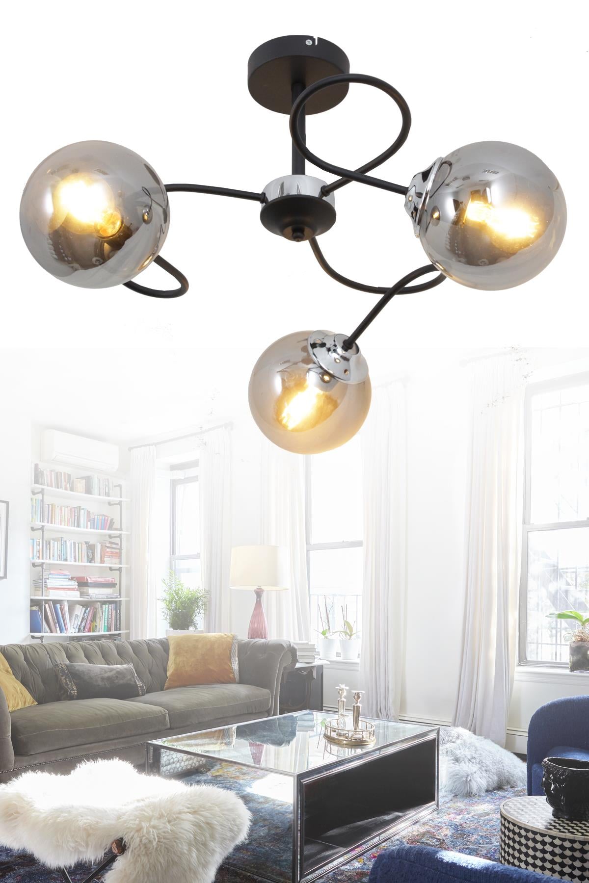 Renas 3 Lü Siyah Avize-Füme Camlı Dekoratif Tasarım Yatak Odası Mutfak Salon Avize