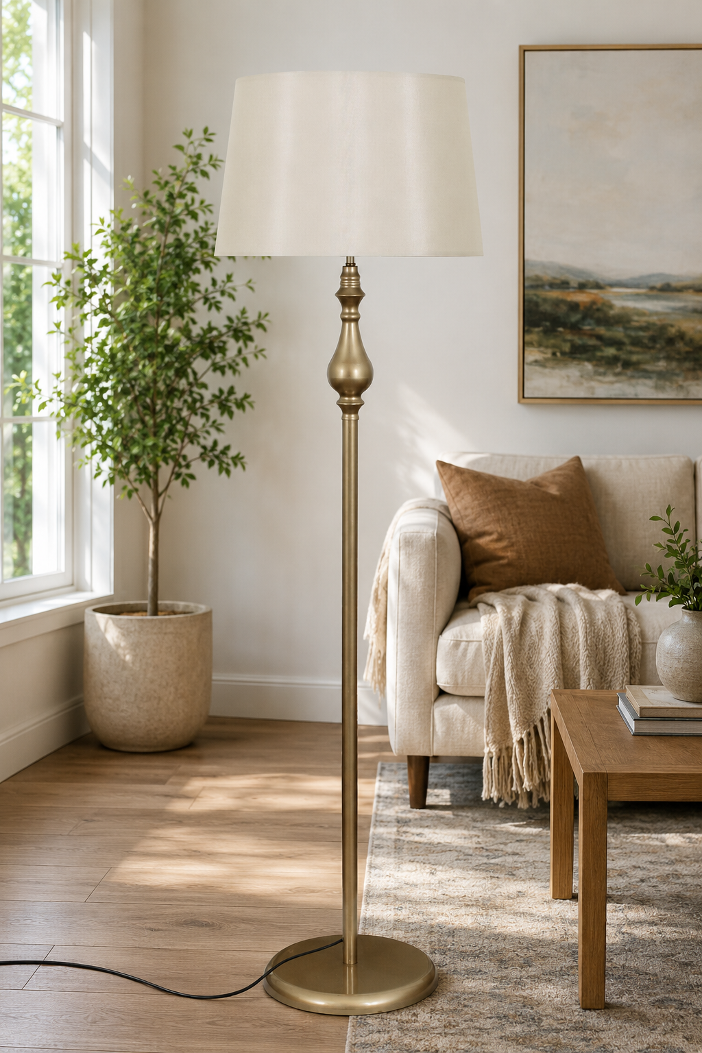 Tülin Eskitme Metal Ayaklı Lambader Krem Kumaş Şapka Modern Salon Yatak Odası Köşe Aydınlatma