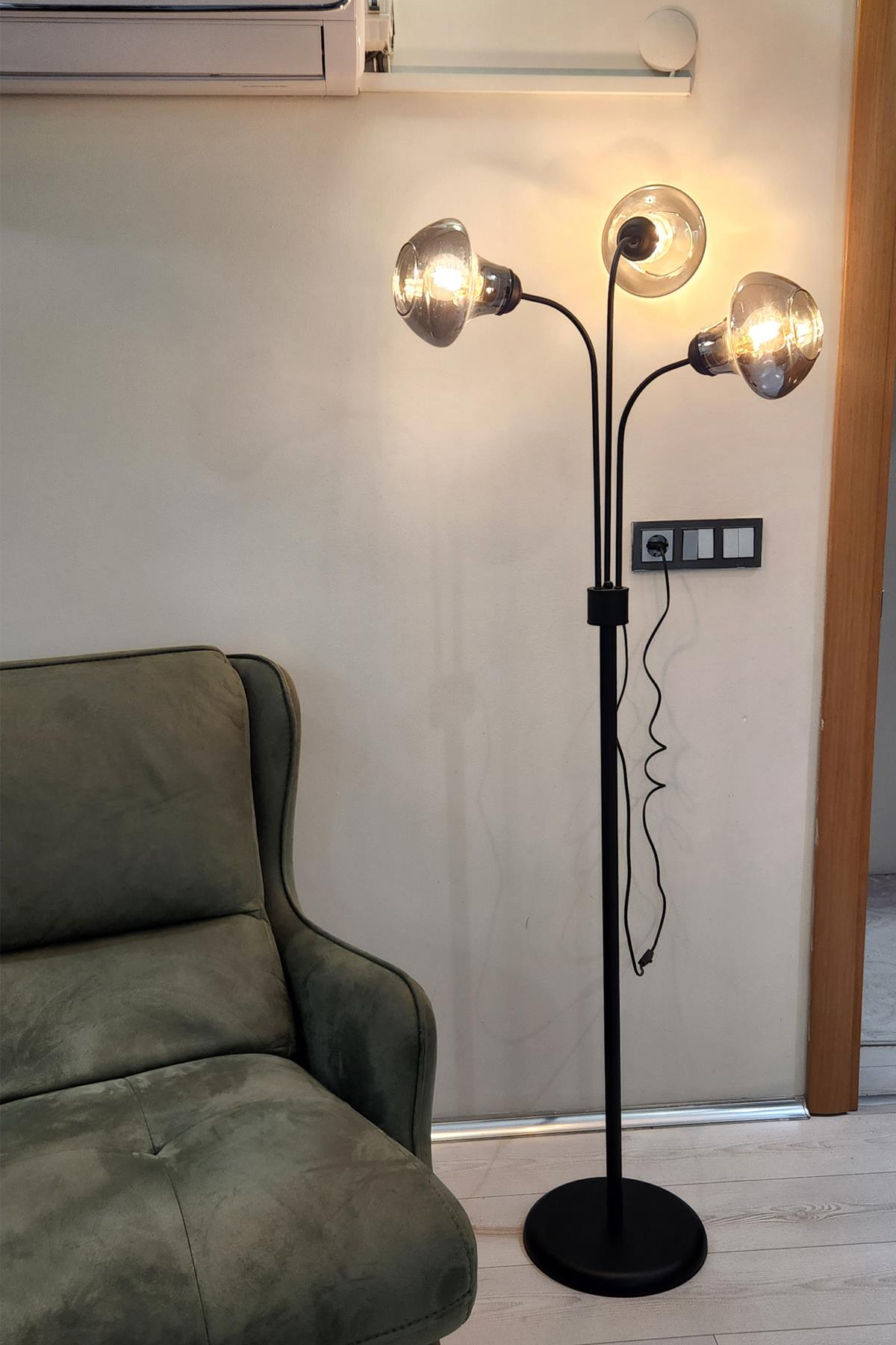 Zambak 3 Lü Siyah Tasarım Metal Ayaklı Lambader 2044F  Oturma Odası-Salon Lambader