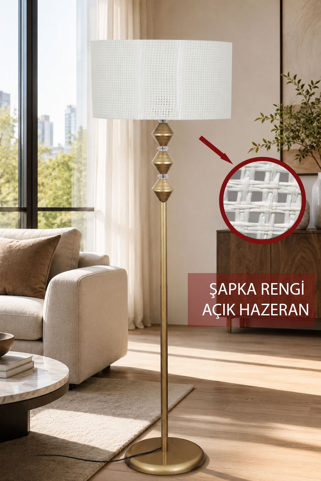 Zümra  Eskitme Metal Ayaklı Lambader Açık ton Hazeran Kumaş Şapka Modern Salon Yatak Odası Köşe Aydınlatma