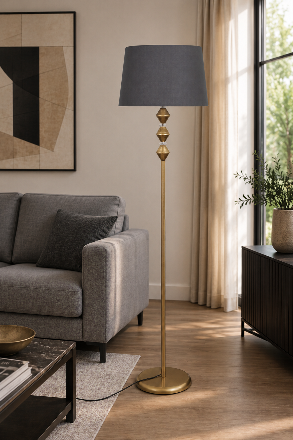Zümra  Eskitme Metal Ayaklı Lambader Gri Kumaş Şapka Modern Salon Yatak Odası Köşe Aydınlatma